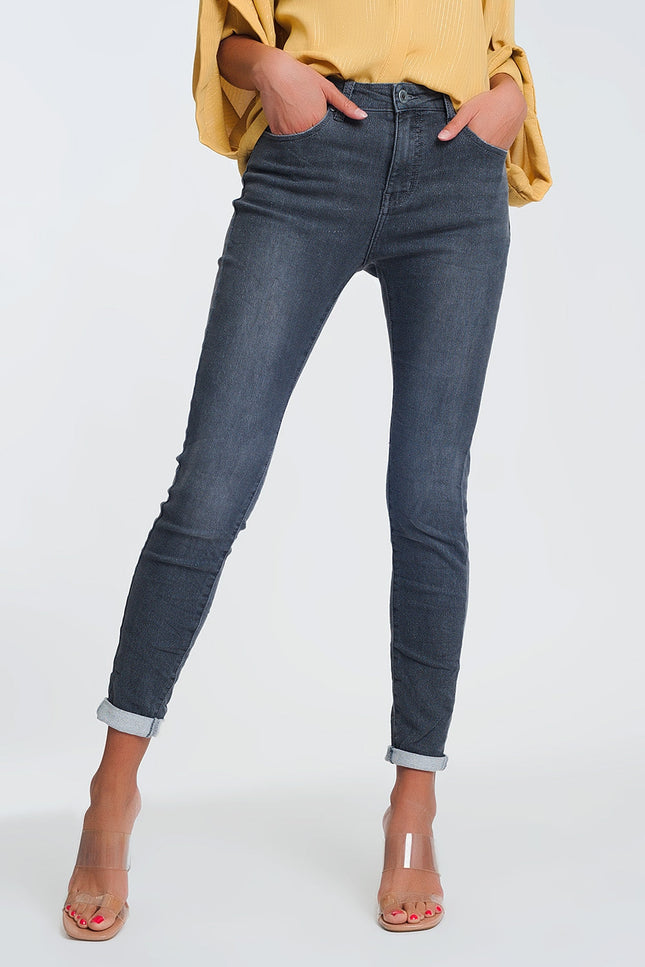 High Waisted Denim Jeans In Glitter Fabric