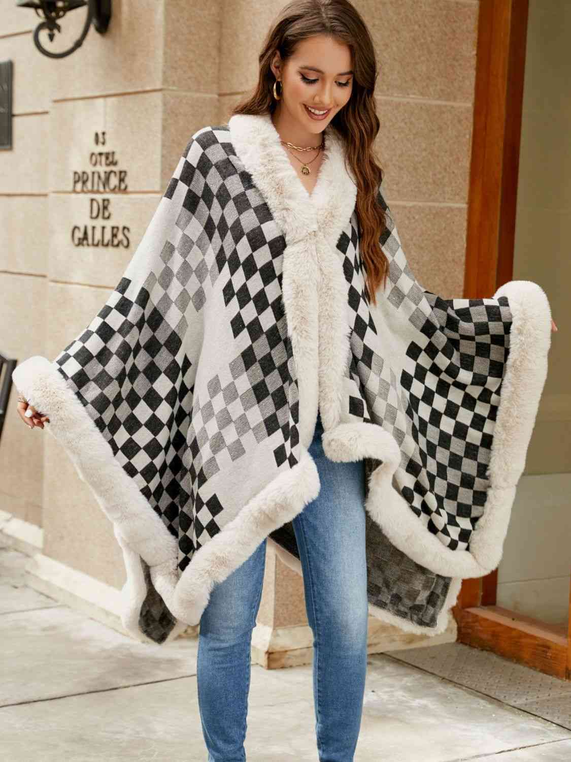 Checkered Faux Fur Trim Poncho-Street 360-Ivory-One Size-Urbanheer