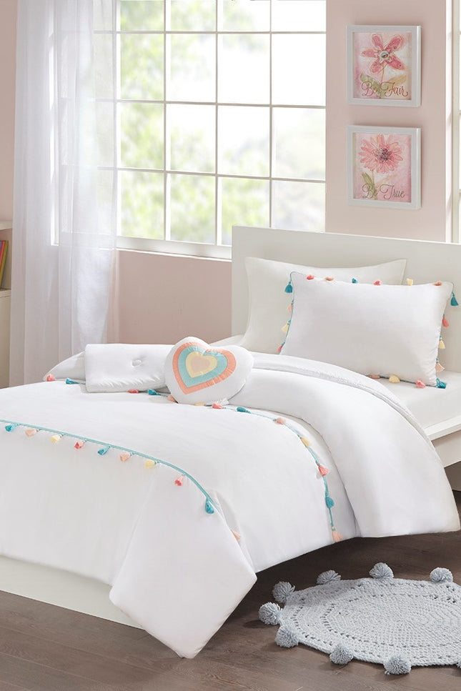 Colorful Tassels 4-Piece Kids White Comforter Set-Olliix-Twin-Urbanheer
