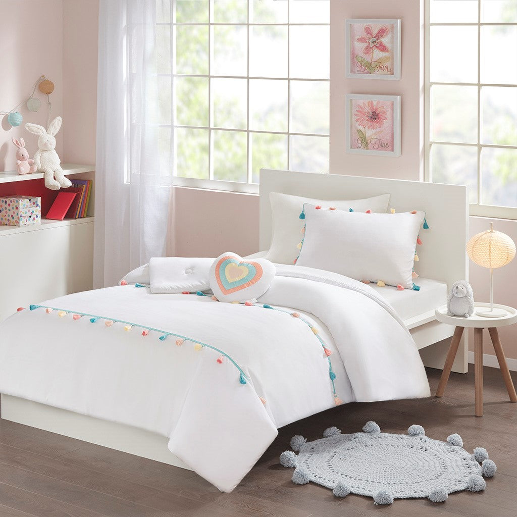 Colorful Tassels 4-Piece Kids White Comforter Set-Olliix-Twin-Urbanheer