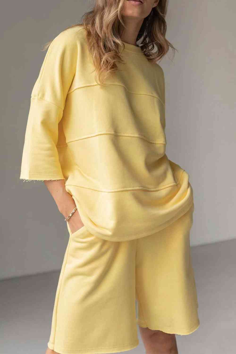 Round Neck Long Sleeve Top And Shorts Set-Street 360-Banana Yellow-S-Urbanheer