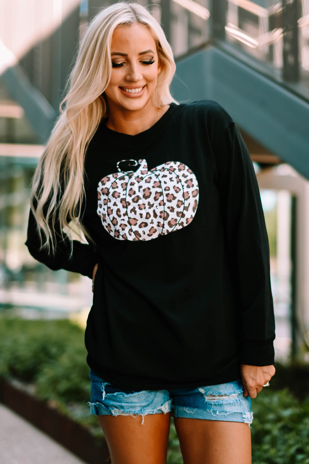 Halloween Animal Print Pumpkin Graphic Black Sweatshirt-UHXC-Black-(US 4-6)S-Urbanheer