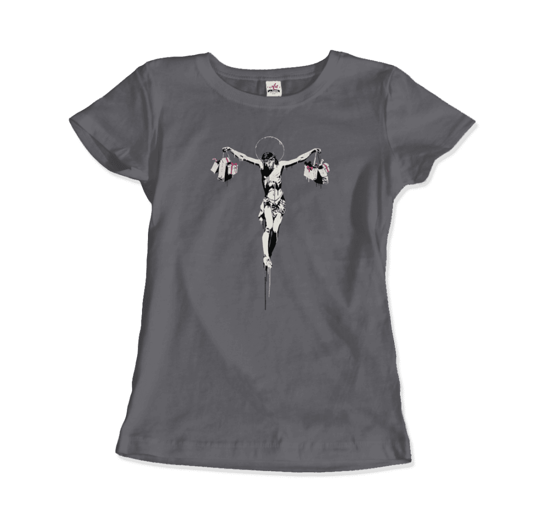 Banksy Christ With Shopping Bags Street Art T-Shirt-Art-O-Rama Shop-Men (Unisex)-Heather Grey-S-Urbanheer