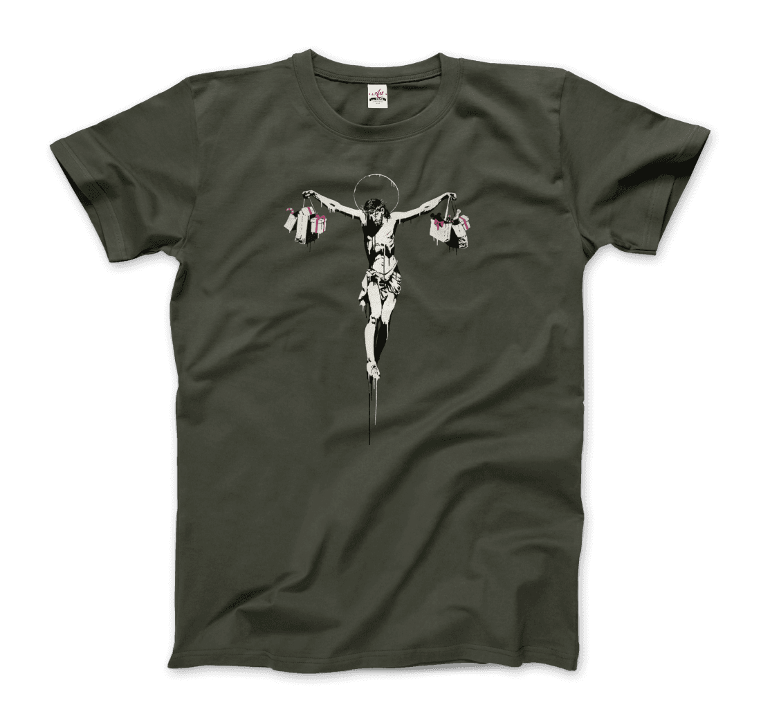 Banksy Christ With Shopping Bags Street Art T-Shirt-Art-O-Rama Shop-Men (Unisex)-Charcoal-S-Urbanheer