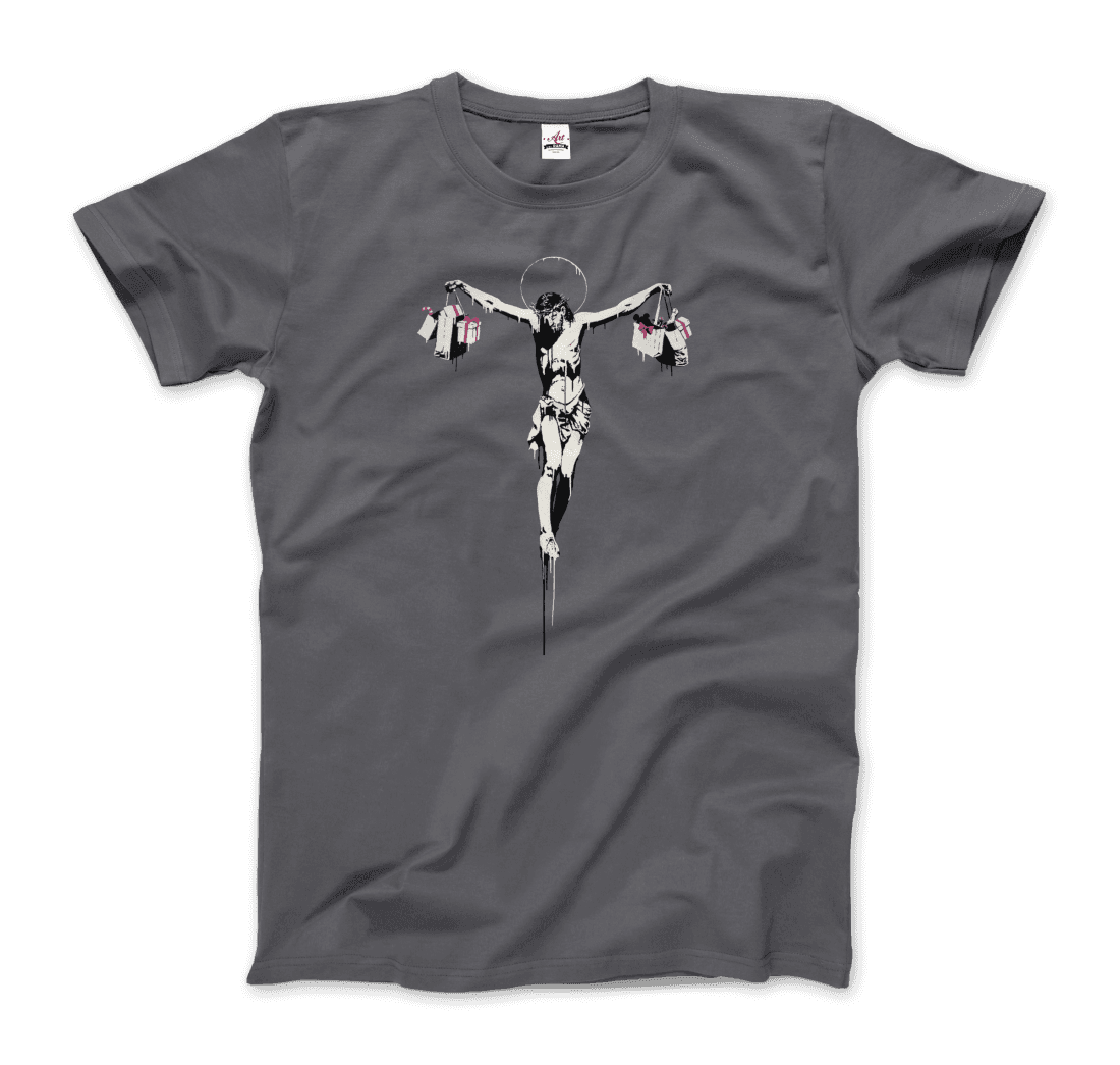 Banksy Christ With Shopping Bags Street Art T-Shirt-Art-O-Rama Shop-Men (Unisex)-Charcoal-S-Urbanheer
