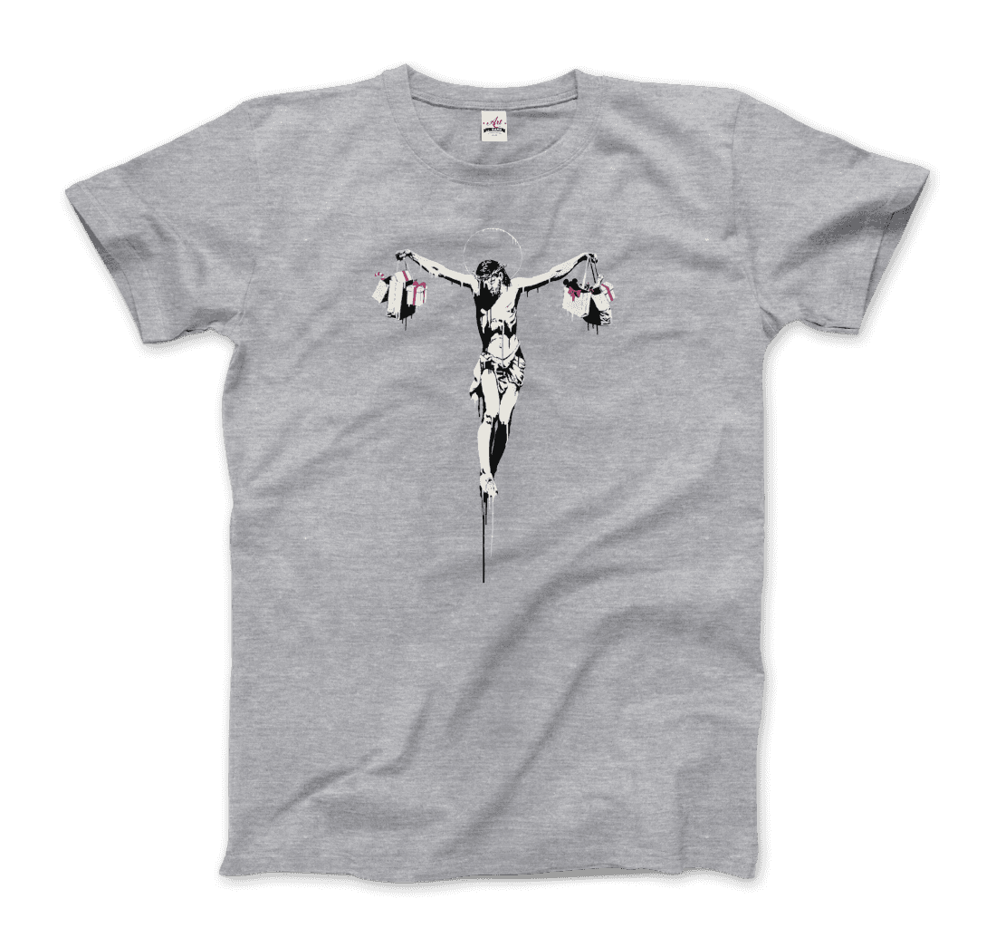 Banksy Christ With Shopping Bags Street Art T-Shirt-Art-O-Rama Shop-Men (Unisex)-Charcoal-S-Urbanheer