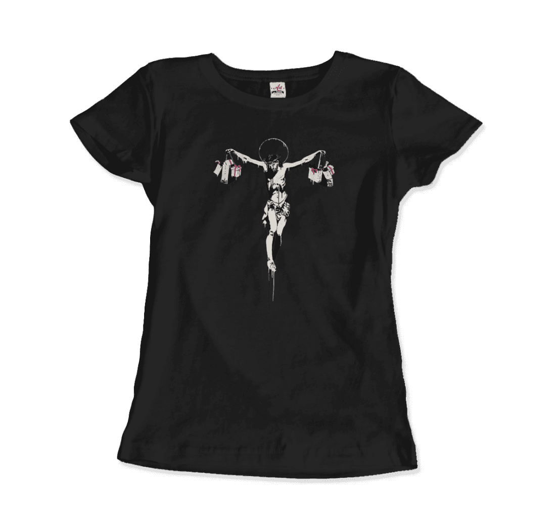 Banksy Christ With Shopping Bags Street Art T-Shirt-Art-O-Rama Shop-Women (Fitted)-Black-S-Urbanheer