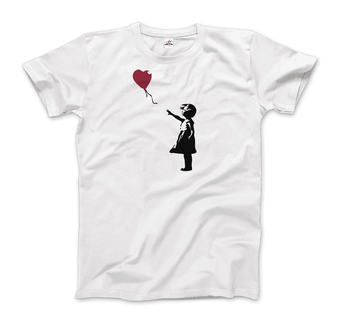 Banksy The Girl With A Red Balloon Artwork T-Shirt-Art-O-Rama Shop-Women (Fitted)-White-S-Urbanheer