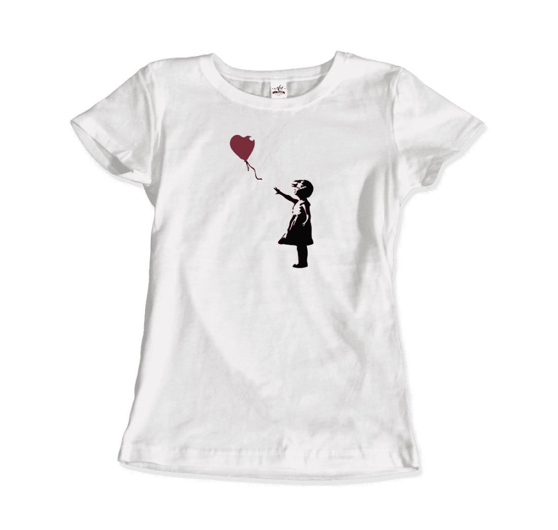 Banksy The Girl With A Red Balloon Artwork T-Shirt-Art-O-Rama Shop-Women (Fitted)-White-S-Urbanheer