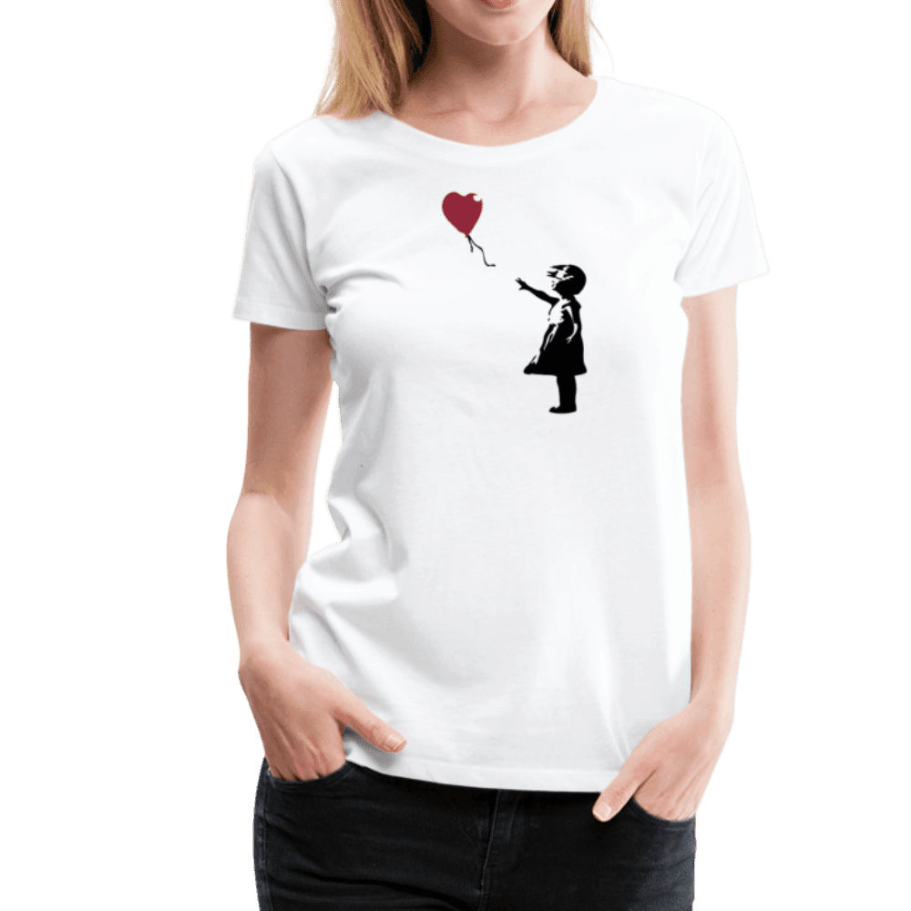 Banksy The Girl With A Red Balloon Artwork T-Shirt-Art-O-Rama Shop-Women (Fitted)-White-S-Urbanheer