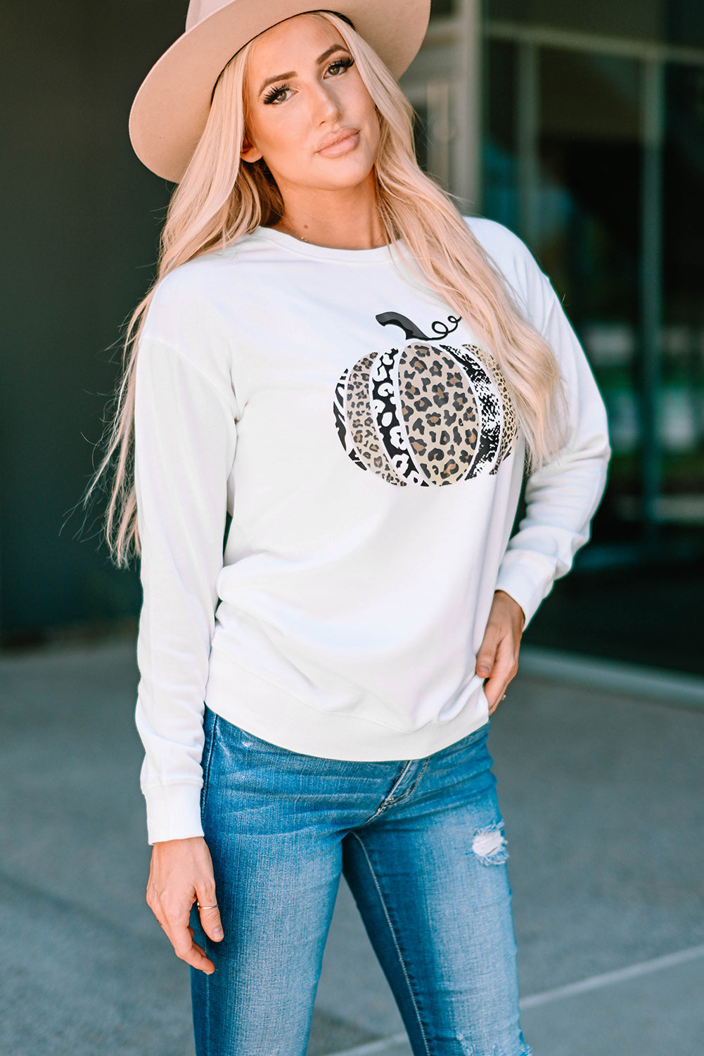 Animal Print Halloween Pumpkin Sweatshirt-UHXC-White-(US 4-6)S-Urbanheer