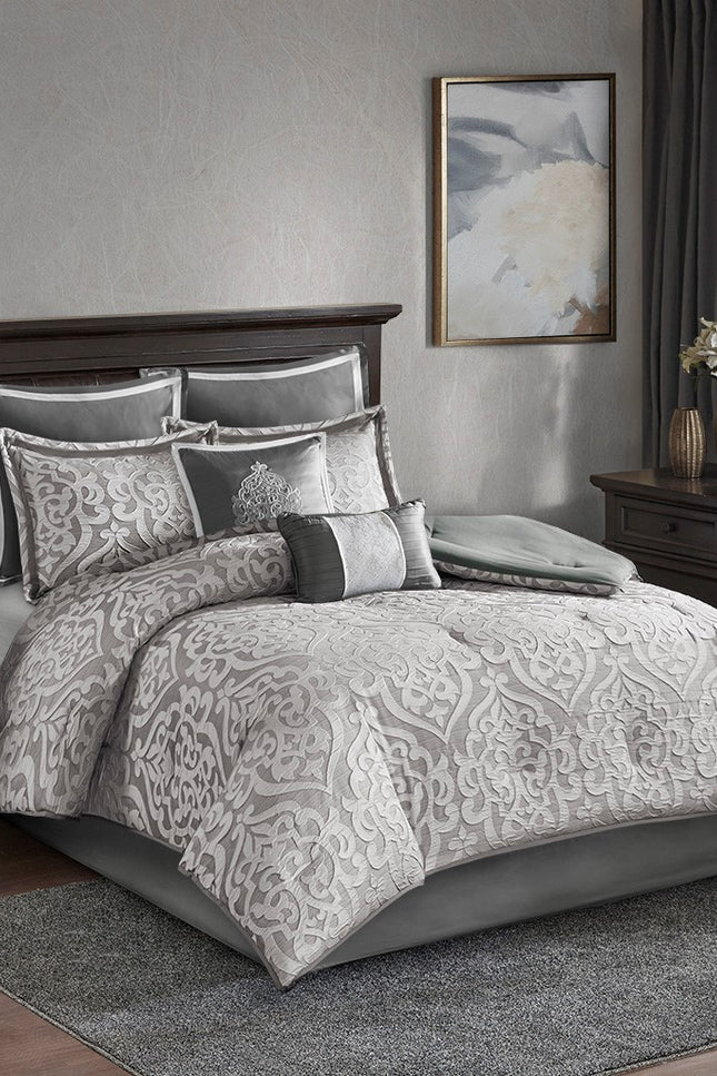 Classic Damask 8-Piece Jacquard Comforter Set, Grey/Silver-Olliix-Queen-Urbanheer