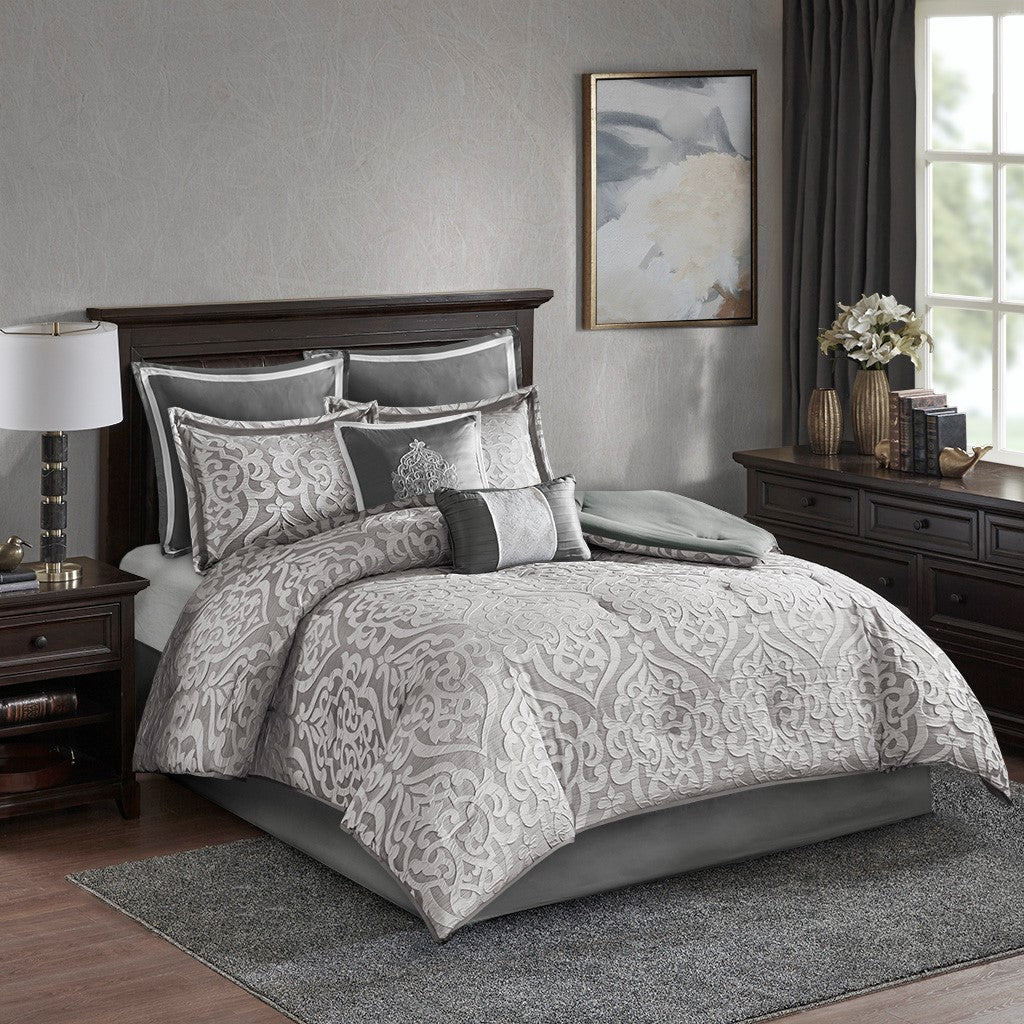 Classic Damask 8-Piece Jacquard Comforter Set, Grey/Silver-Olliix-Queen-Urbanheer