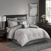 Classic Damask 8-Piece Jacquard Comforter Set, Grey/Silver-Olliix-Queen-Urbanheer