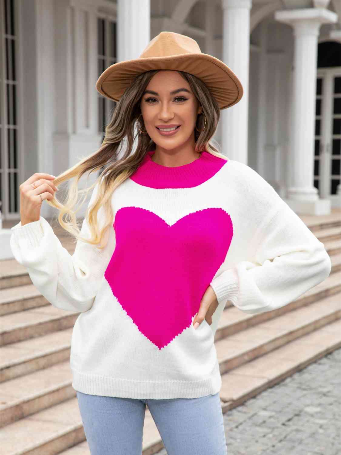 Heart Graphic Round Neck Sweater-Street 360-Deep Rose-S-Urbanheer