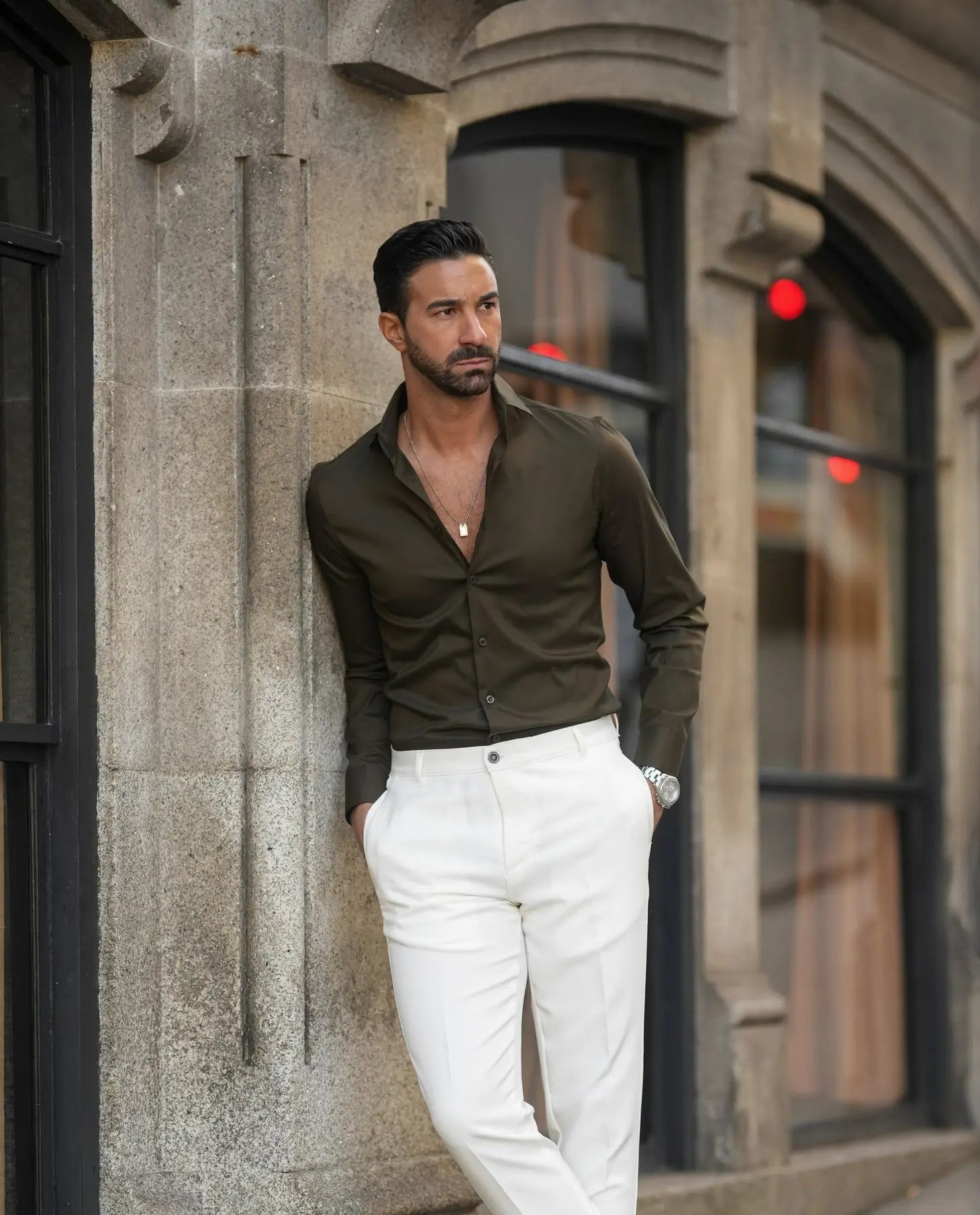 Kaki Elastic Slim-fit Men's Shirt-Clothing - Men-Donato-S-Urbanheer