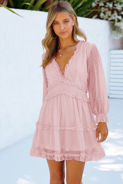 Swiss Dot Frill V-Neck Mini Dress-Street 360-Blush Pink-S-Urbanheer
