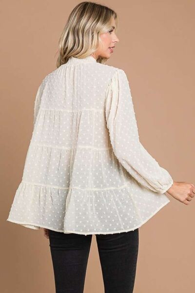 Culture Code Full Size Swiss Dot Smocked Mock Neck Blouse-Street 360-IVORY CREAM-S-Urbanheer