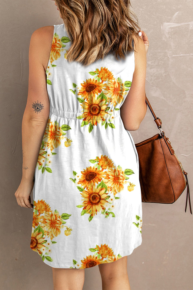 Sunflower Print Button Down Sleeveless Dress-UHX-Urbanheer