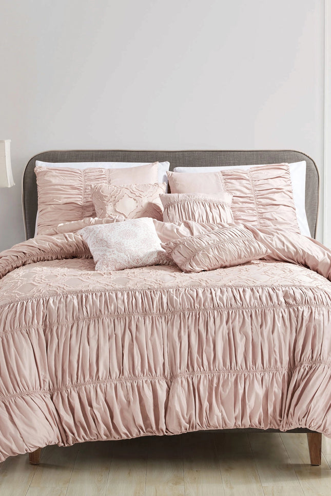 Ultra Soft Ruffle Pink Pleated Comforter - 7 Piece Set-linen mart-King-Urbanheer