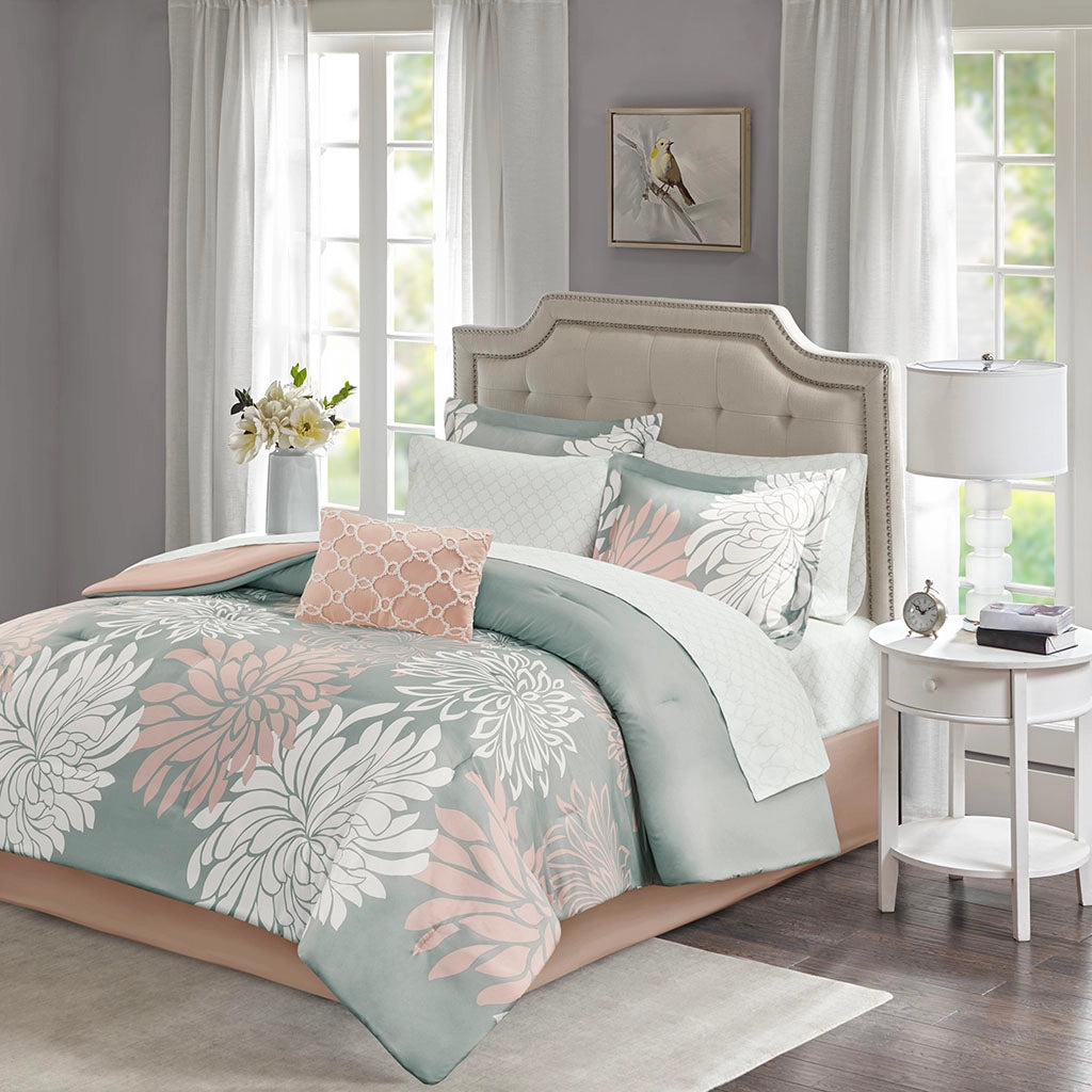 Floral Complete Comforter And Sheet Set, Blush/Grey-Olliix-Twin-Urbanheer