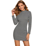 Black and White Mock Neck Houndstooth Print Bodycon Dress Women Spring Autumn Long Sleeve Elegant Pencil Fitted Dresses