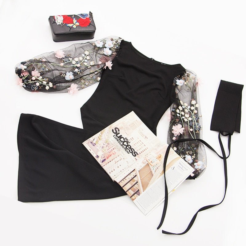 Black Applique Embroidered Mesh Sleeve-UHXV-Black-XS-Urbanheer