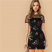 Black Sheer Mesh Yoke Flower Embroidered-UHXV-Black-M-Urbanheer