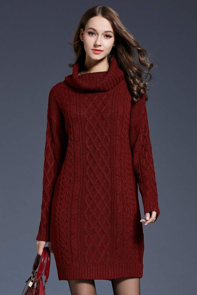 Full Size Mixed Knit Cowl Neck Dropped Shoulder Sweater Dress-Collab-Wine-M-Urbanheer