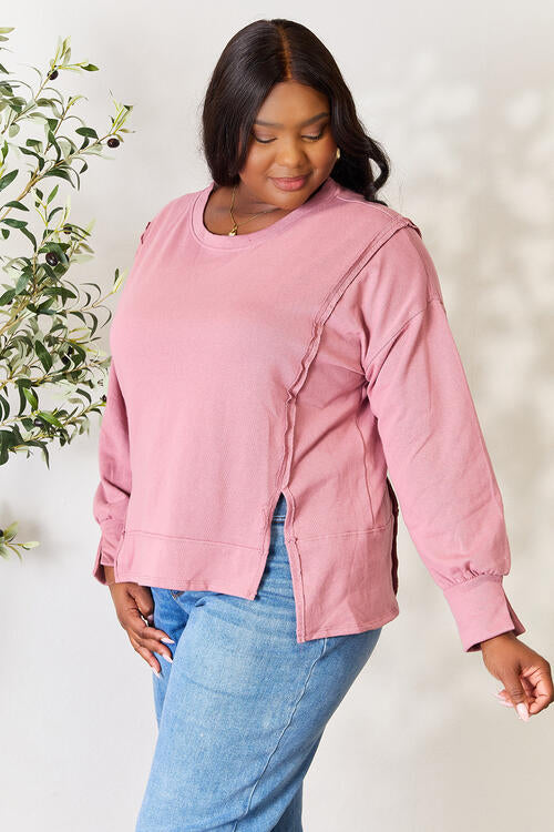 Culture Code Full Size Round Neck Exposed Seam Slit Top-Street 360-L. Red Bean-S-Urbanheer