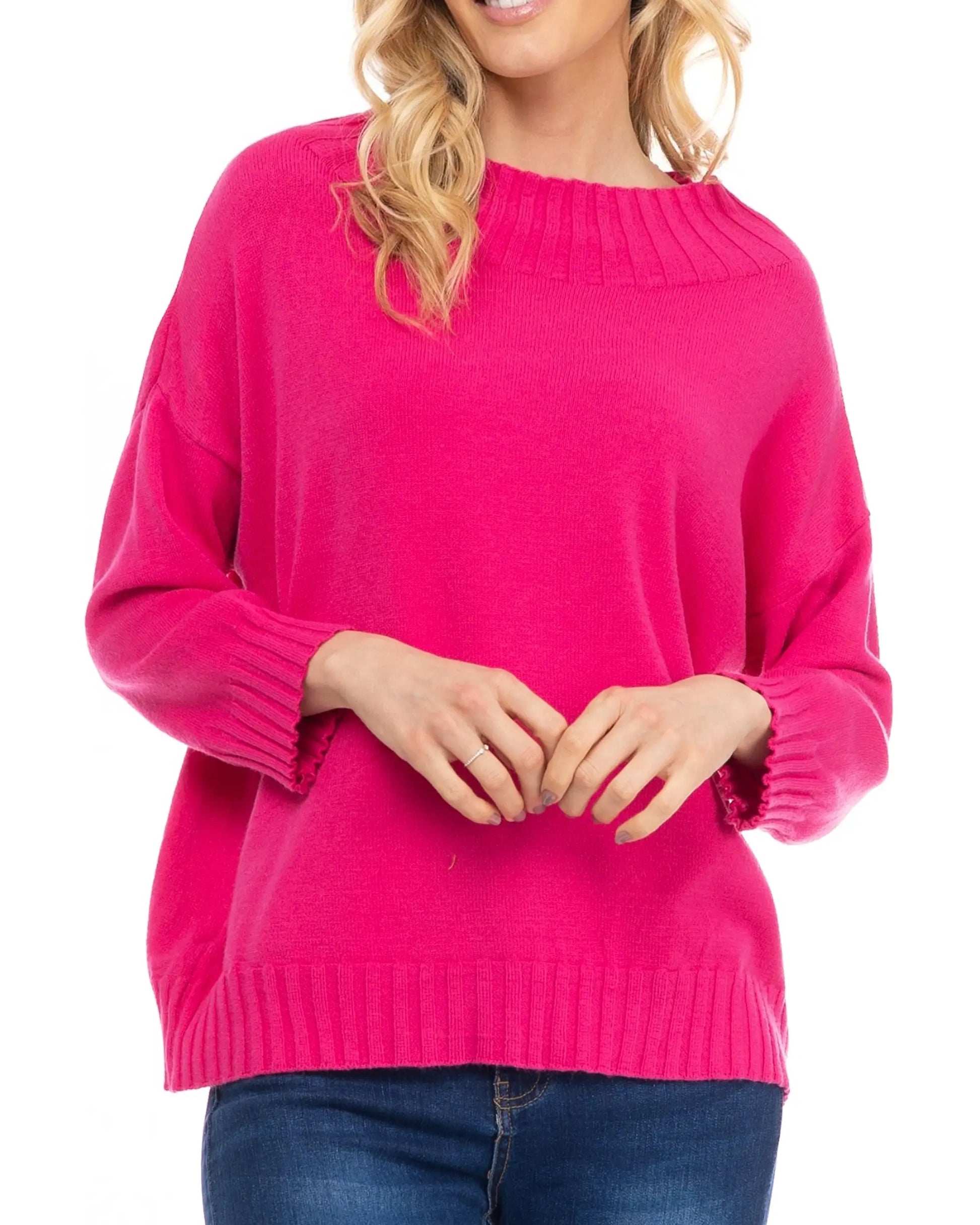 Fuchsia Knitted Sweater With Perkins Collar & French Sleeves.-Tantra-S-Urbanheer