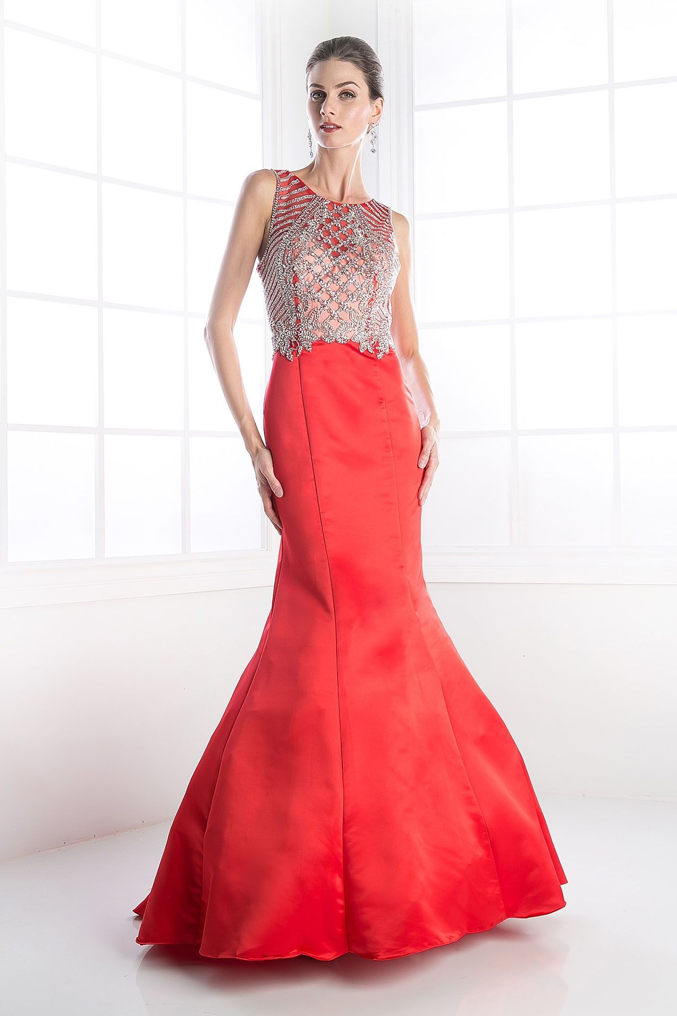 Beaded Bodice Satin Mermaid Gow-Night Out-Tux-USA-4-Red-Urbanheer