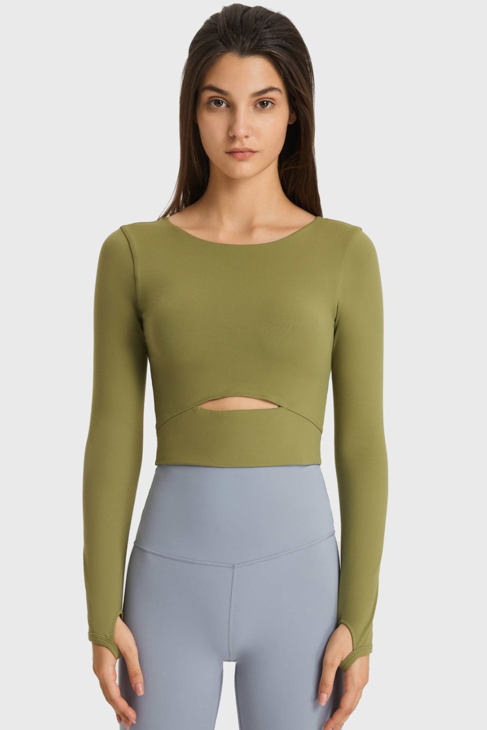 Cutout Long Sleeve Cropped Sports Top-Street 360-Green-4-Urbanheer