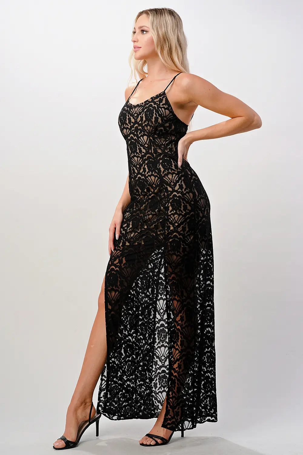 Front Slit Lace Maxi Dress - Black-MILEY + MOLLY-S-White-Urbanheer