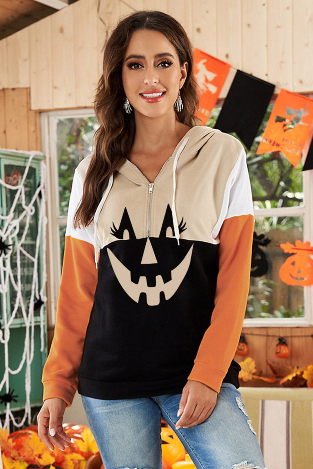 Halloween Pumpkin Face Color Block Quarter Zip Hoodie-UHXC-Orange-(US 4-6)S-Urbanheer