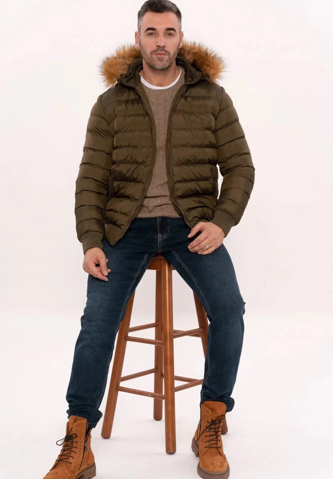 Khaki Fur Hooded Men'S Puffer Coat-Clothing - Men-Wessi-36-Navy-Urbanheer