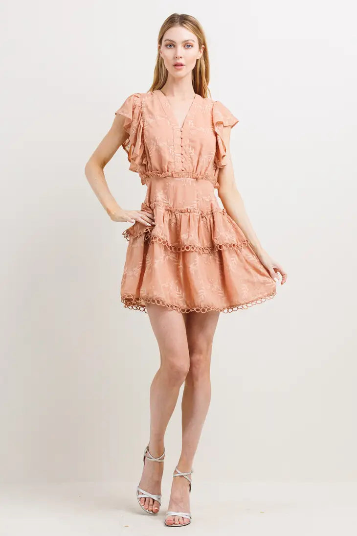 Ruffle Detail V Neck Mini Dress-Neon Blush-S-Urbanheer