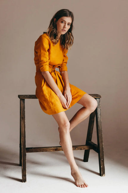 Linen Mustard Yellow Wrap Dress – Urbanheer
