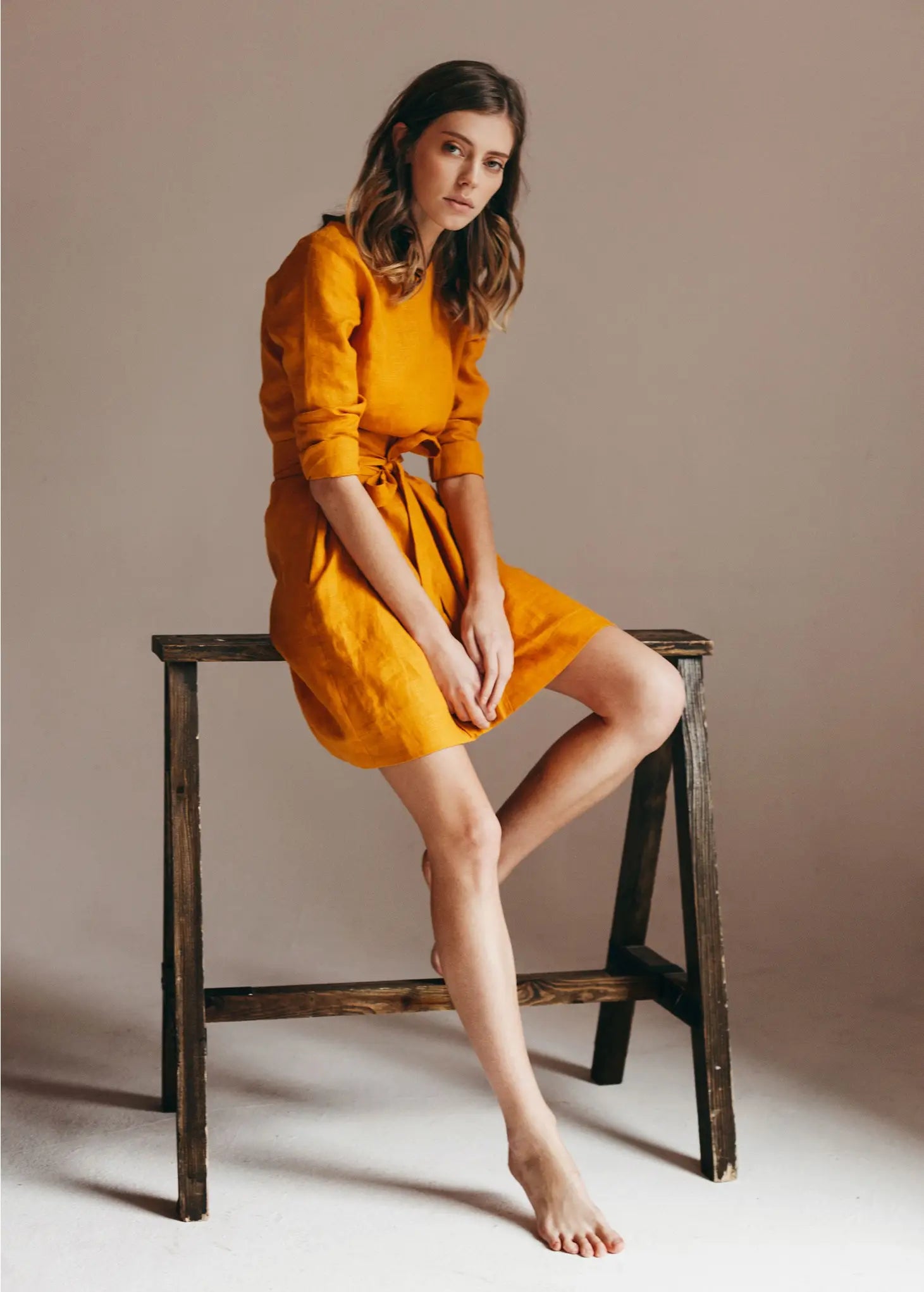 Linen Mustard Yellow Wrap Dress-Nich Linen-XXS-Urbanheer