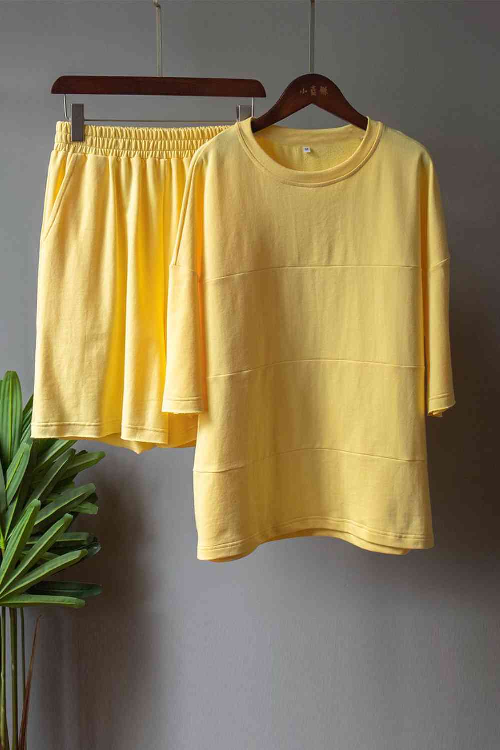 Round Neck Long Sleeve Top And Shorts Set-Street 360-Banana Yellow-S-Urbanheer