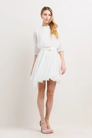 Pleats Effect Body Puff Sleeve Mini Dress-Neon Blush-S-Urbanheer