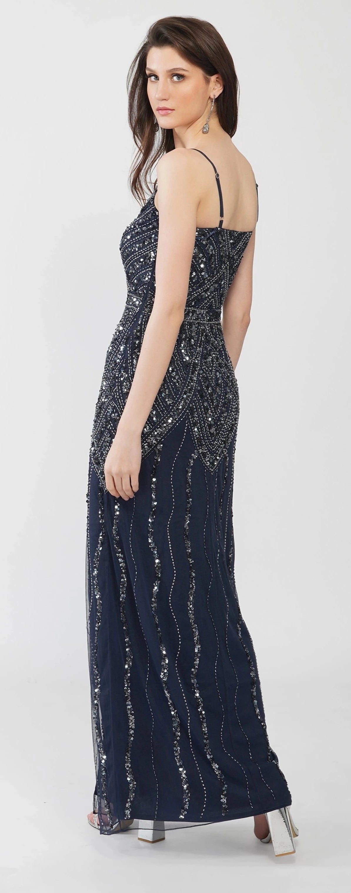 Jolie Embellished Maxi Dress in Navy Blue.-lace and beads-UK 14-Urbanheer