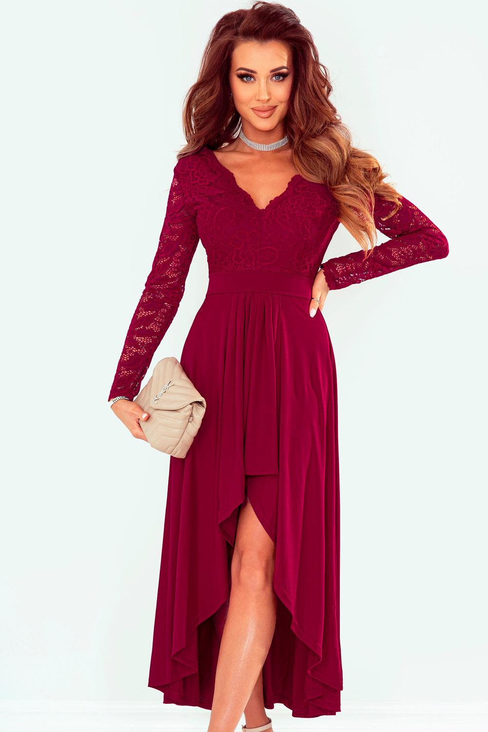 Lace High-Low V-Neck Dress-Street 360-Red-S-Urbanheer