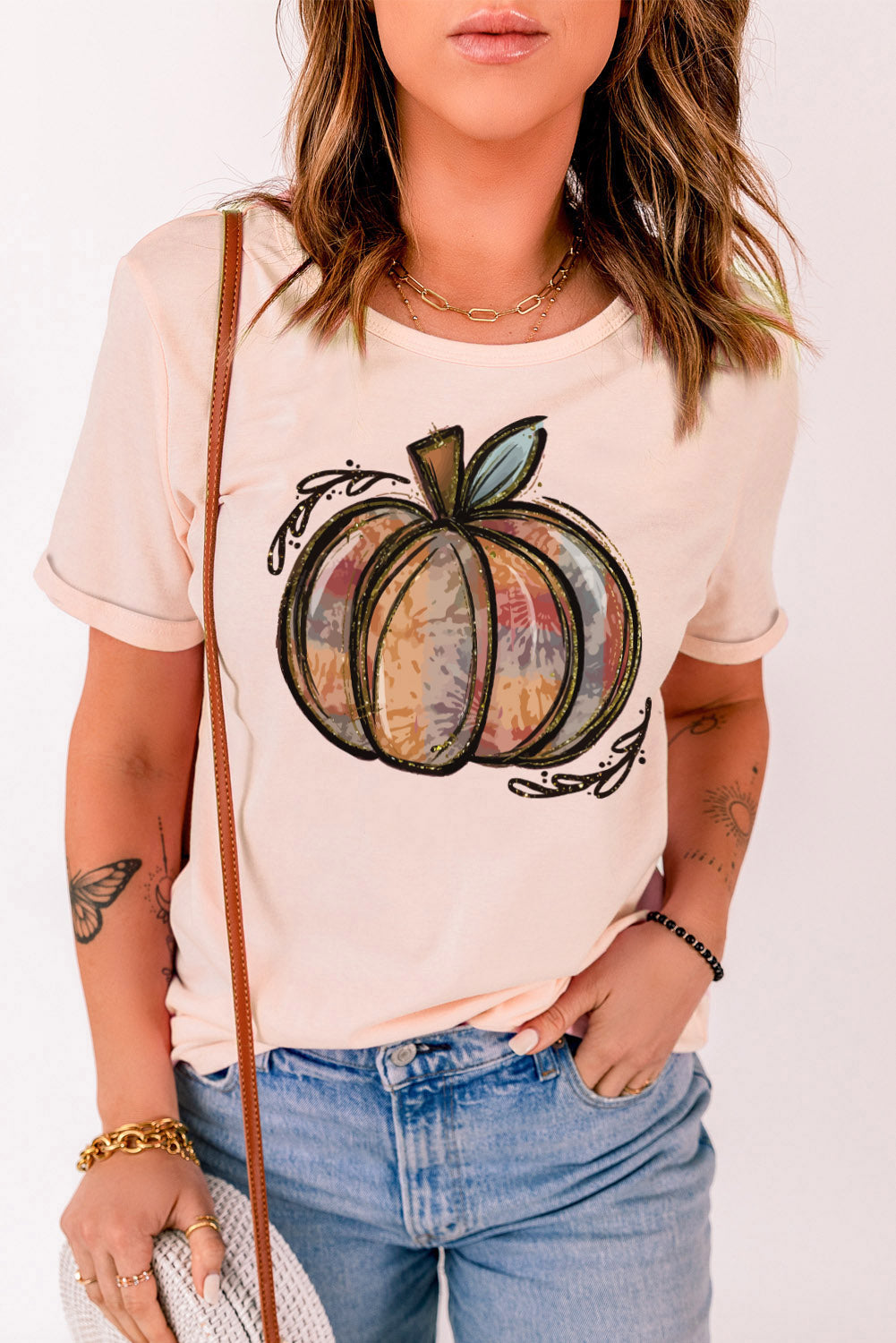 Pink Pumpkin Graphic Print Crew Neck T Shirt-UHXC-Pink-(US 4-6)S-Urbanheer