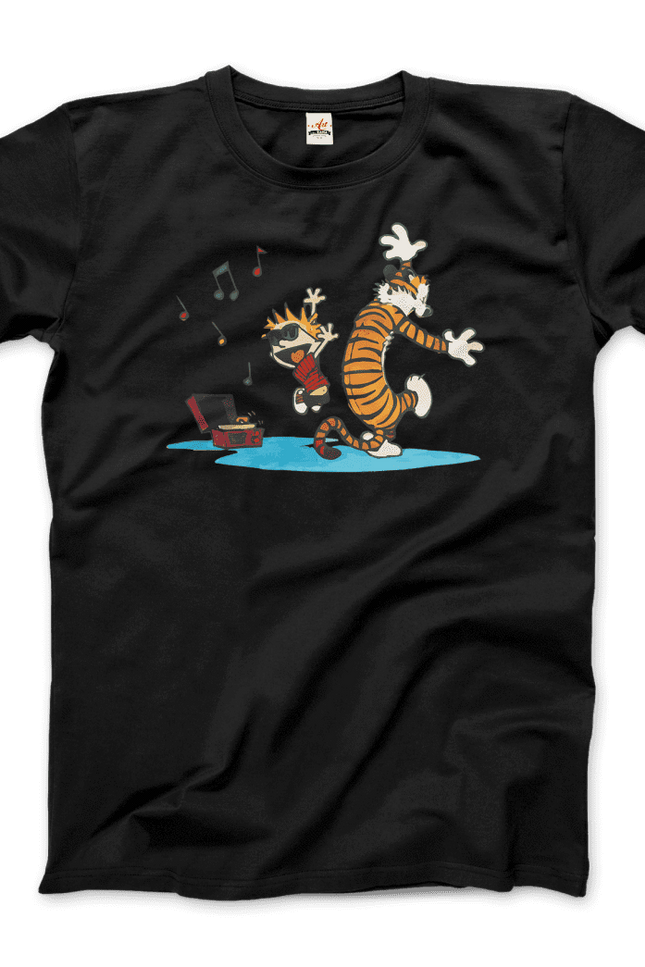 Calvin and Hobbes Dancing with Record Player T-Shirt-Art-O-Rama Shop-Urbanheer