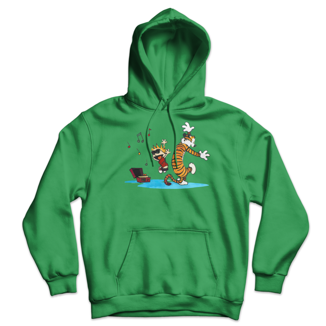 Calvin and Hobbes Dancing with Record Player Unisex Hoodie-Hoodie-Art-O-Rama-Irish Green-S-Urbanheer