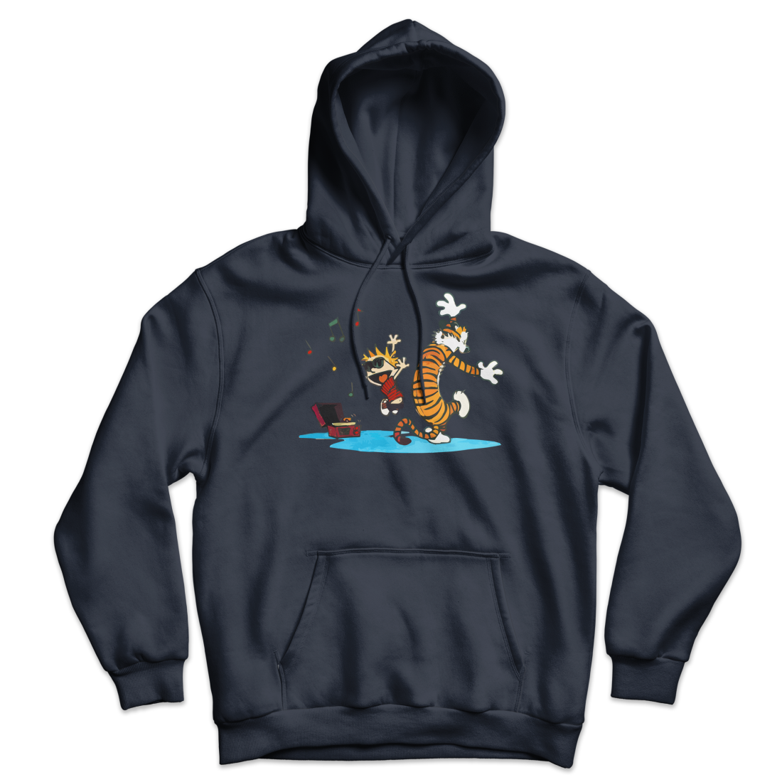 Calvin and Hobbes Dancing with Record Player Unisex Hoodie-Hoodie-Art-O-Rama-Navy-S-Urbanheer