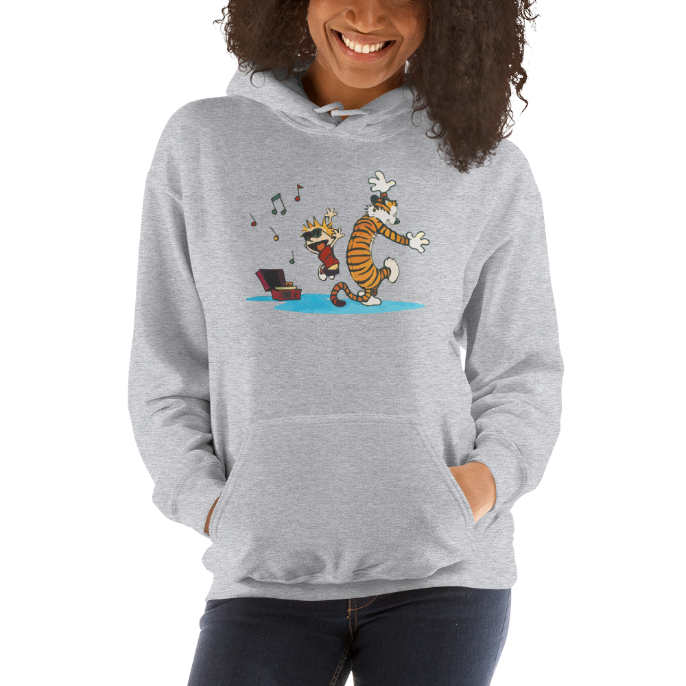 Calvin and Hobbes Dancing with Record Player Unisex Hoodie-Hoodie-Art-O-Rama-Sport Grey-S-Urbanheer