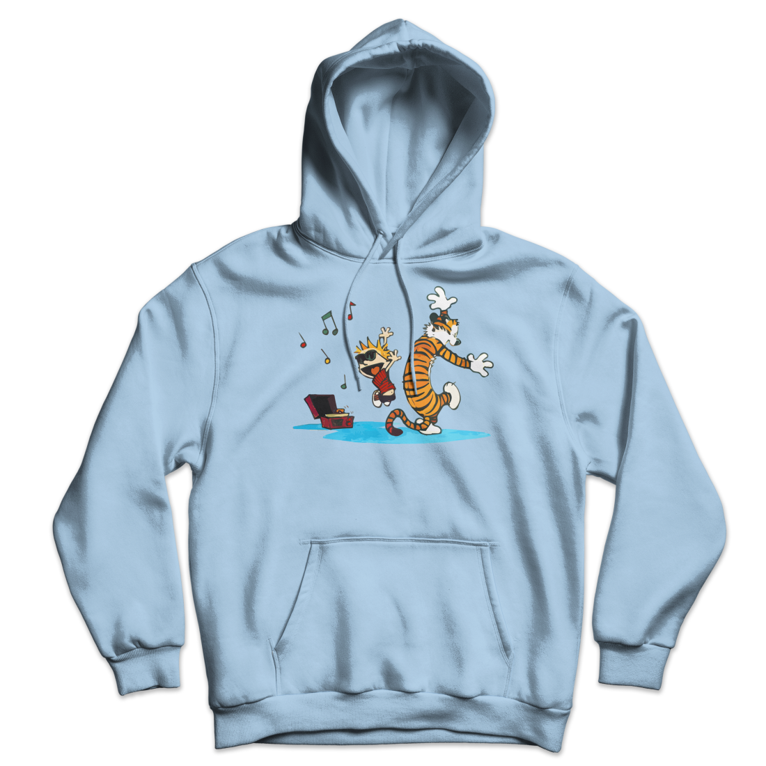 Calvin and Hobbes Dancing with Record Player Unisex Hoodie-Hoodie-Art-O-Rama-Light Blue-S-Urbanheer