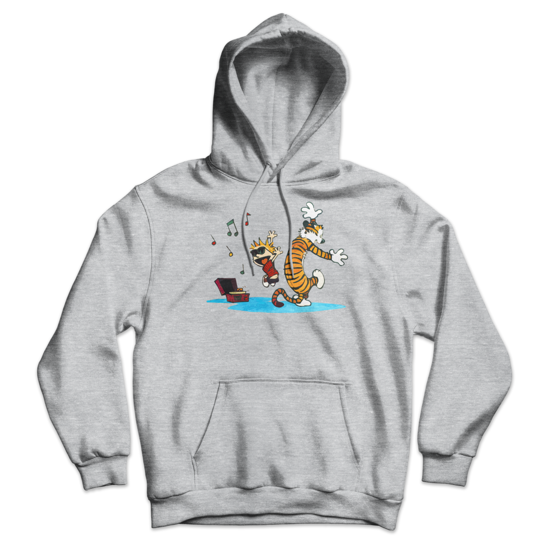 Calvin and Hobbes Dancing with Record Player Unisex Hoodie-Hoodie-Art-O-Rama-Sport Grey-S-Urbanheer